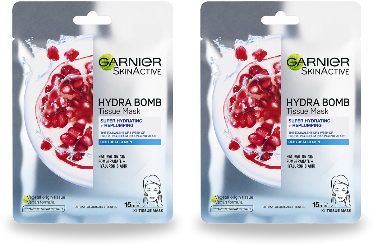 2 x Garnier - SkinActive - Hydra Bomb Sheet Mask - Granaatappel - Gezichtsmasker - 1 Gezichtsreinigingsmiddel - Bulkverpakking - 2 stuks
