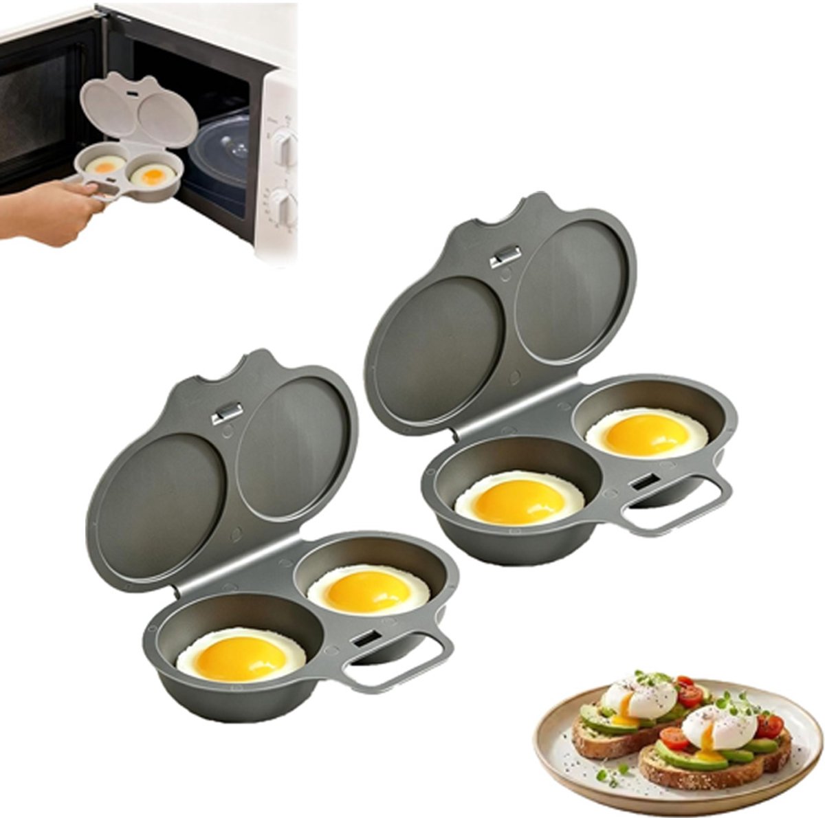 2 stuks Eierkoker magnetron - Eierkoker - Eierkoker 2 eieren - Magnetron-eierkoker - Plastic eierfriteuse - Eierstoomvorm - Met deksel en handvat - Hittebestendig - Snel ei koken bakken - 16x11.5x3cm - Donkergrijs