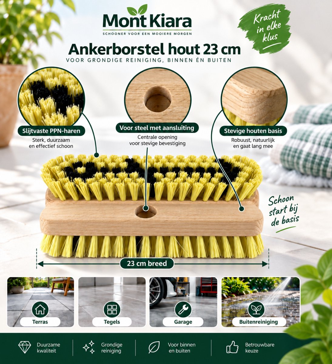 Mont Kiara Ankerborstel Hout 23 cm – Stevige Schrobborstel voor Terras, Tegels, Garage & Buiten – Houten Borstel met Steelopening