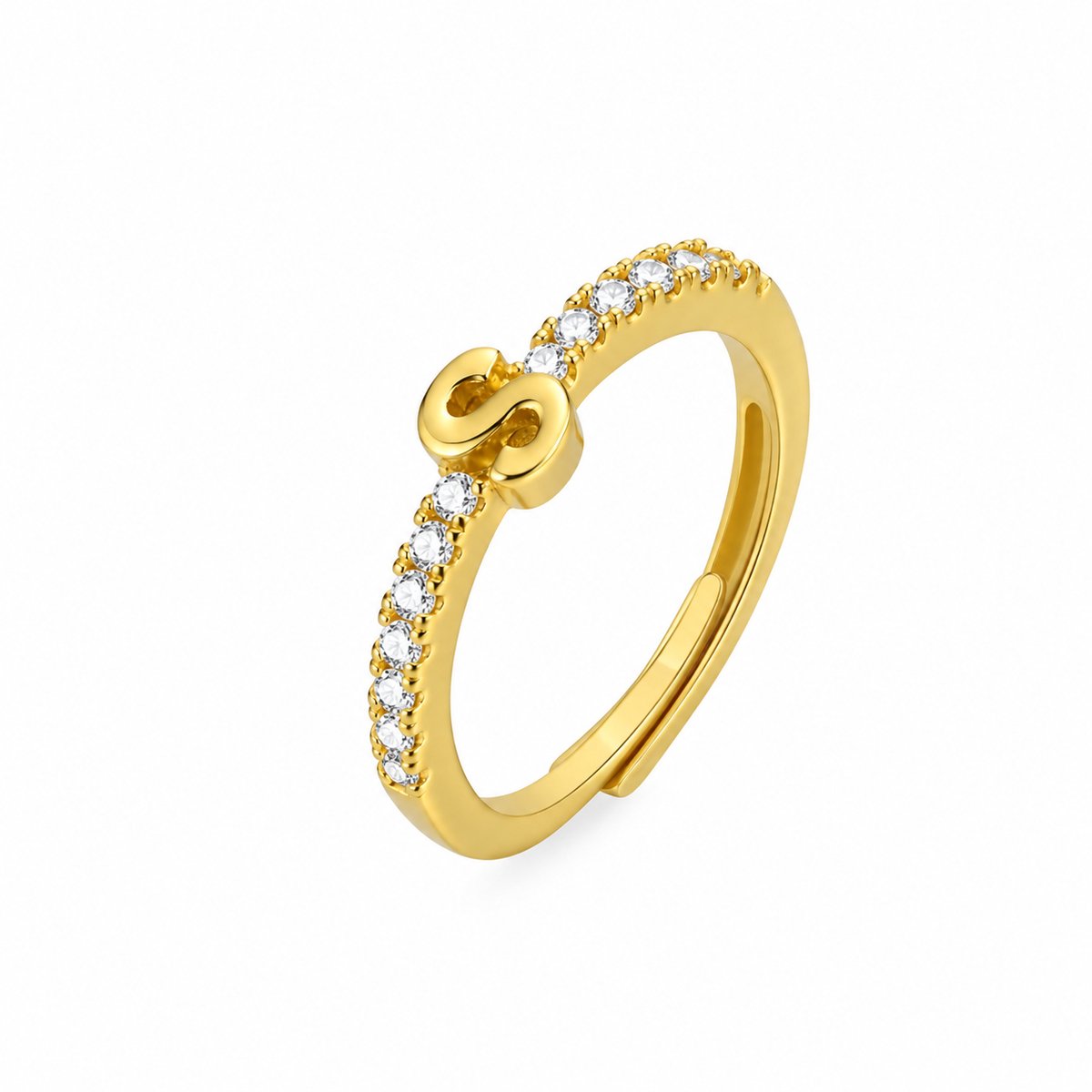Matthew Studio® Initiaal Ring S - 925 Sterling Zilver - Goudkleurig - Verstelbare Letter Ring met Zirkonia Steentjes