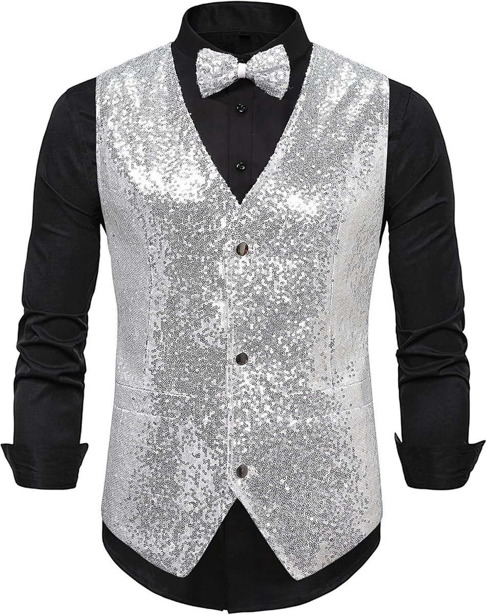Herengilet met glitters, met vlinderdas, set met V-hals, kostuumvest, glanzende pailletten, bij pak, feestelijk kostuum