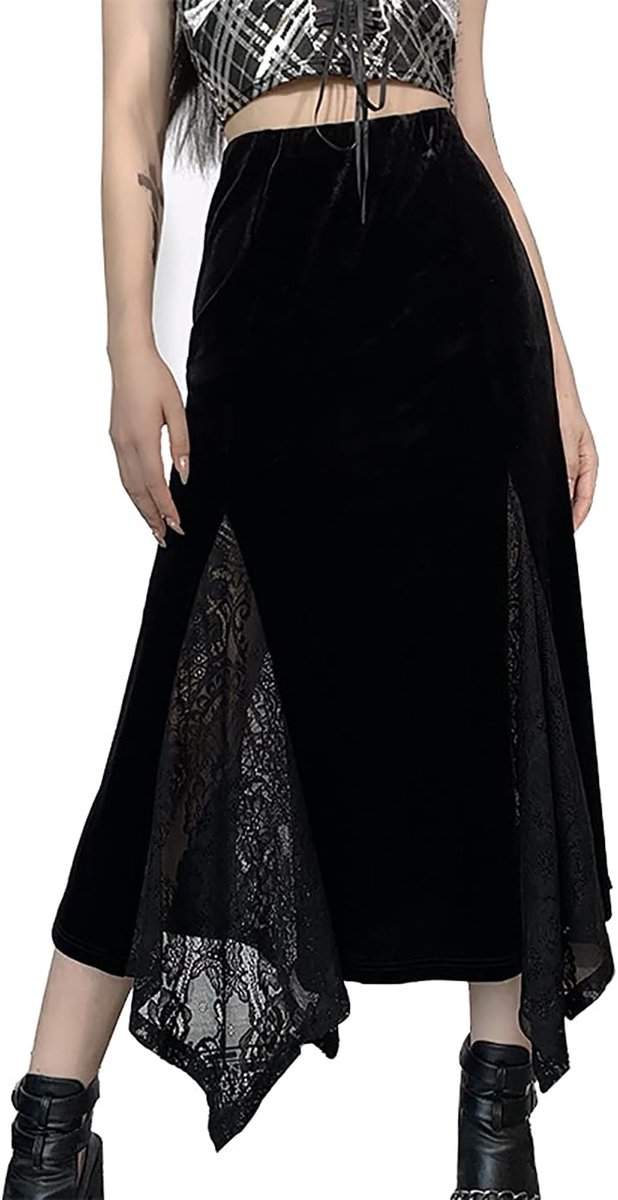 Maxirok voor dames, lange fluwelen rok, zakdoekzoom, rok, gothic, kleding, Y2K, gothic lange rok