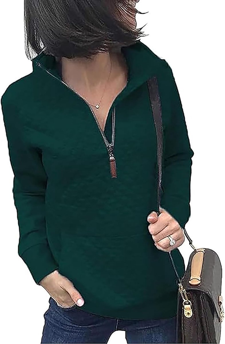Sweatshirt dames herfst winter mode ritssluiting pullover bovendeel effen licht lange mouwen trui casual gewatteerd patroon jumper blouse sweater