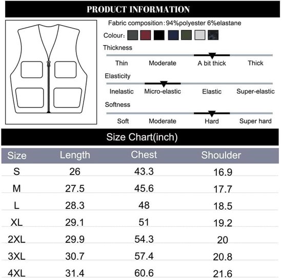 Softshell vest voor heren, bodywarmer fleece, volledige rits, softshellvest, heren, outdoor, hardlopen, wandelen, golf, werk — afbeelding 4