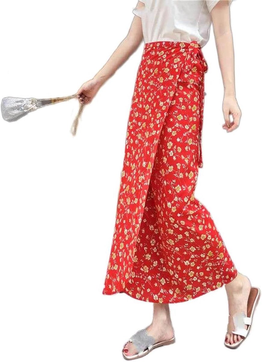 Chiffon Rok Uit Één Stuk - Zomer Retro Bloemenprint Resort Rok Met Hoge Taille En Bandjes, Mode Strand Zonnebrandcrème Wikkelrok A-Lijn Lange Rok, Rood, Één Maat