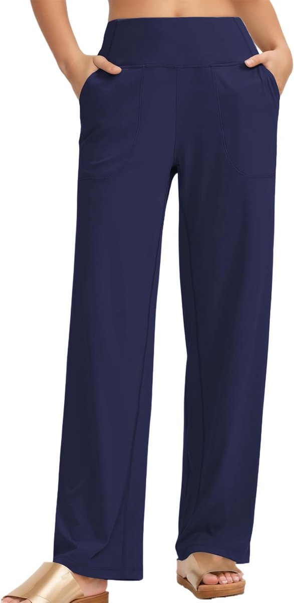 Yogabroek voor dames, hoge taille, joggingbroek, sportbroek met 2 zakken, rechte wijde pijpen, comfortabele vrijetijdsbroek, brede elastische tailleband, sweatpants, trainingsbroek