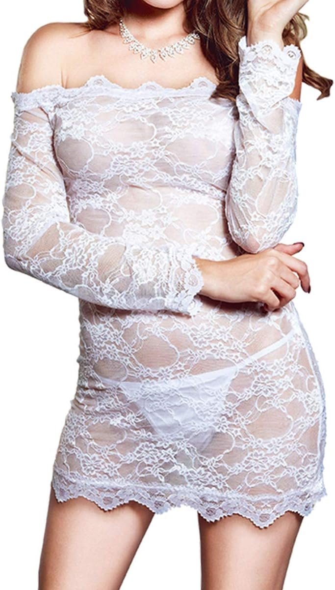 Kanten negligé grote maten voor dames babydoll lingerie schouderloze lingerie nachtkleding kanten jurk met G-string S-4XL