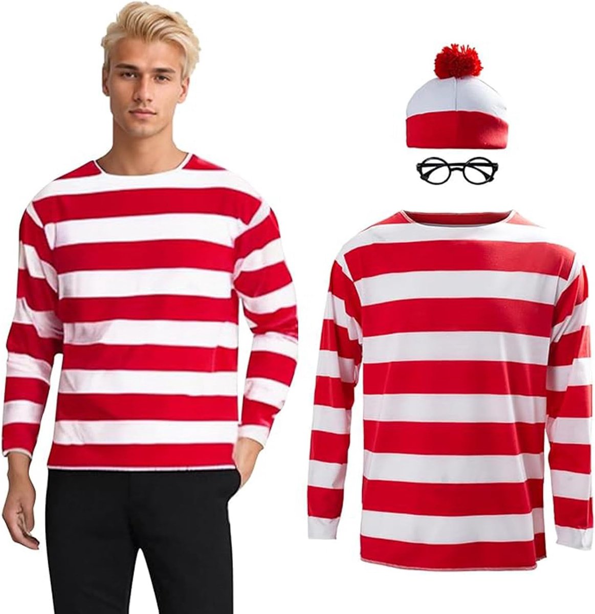 Wit gestreept T-shirt met lange mouwen gestreept hemd sweatshirt met bril en muts cosplay kostuum Halloween party outfit voor volwassenen