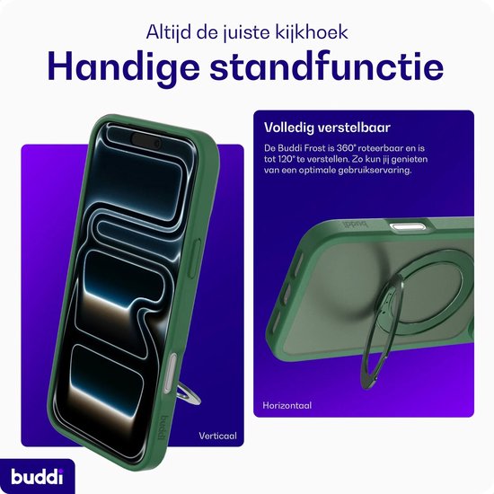 Groen telefoonhoesje met een 360° draaibare ringstandaard die tot 120° verstelbaar is.