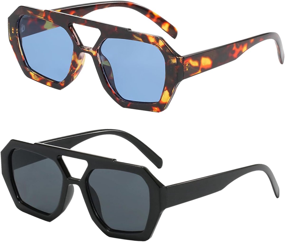 2 paar onregelmatige zonnebril, retro trendy zonnebril, modieuze lichtgewicht dameszonnebril, zonnebril, zonnebril, uv-bescherming, vintage vierkant montuur, Zwart + Bruin