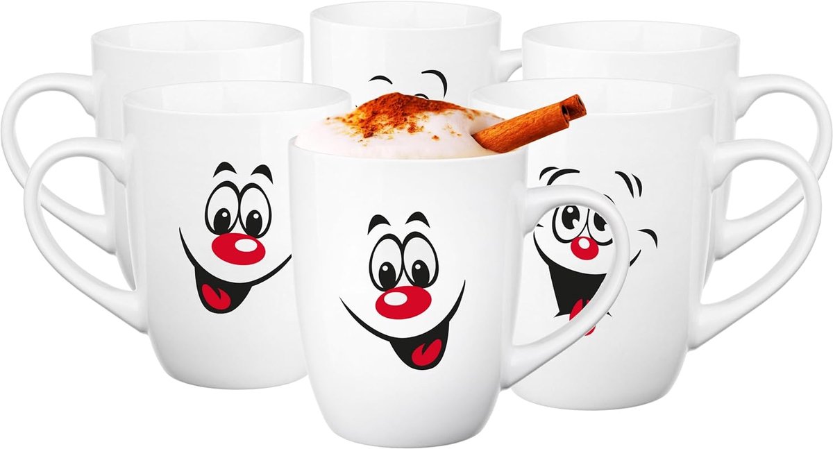 Krosno Witte Koffiemok Met Handvat Keramische Beker Set Van 6 Coffee Mug Cup Theekopjes Grappige Smileys 300 Ml