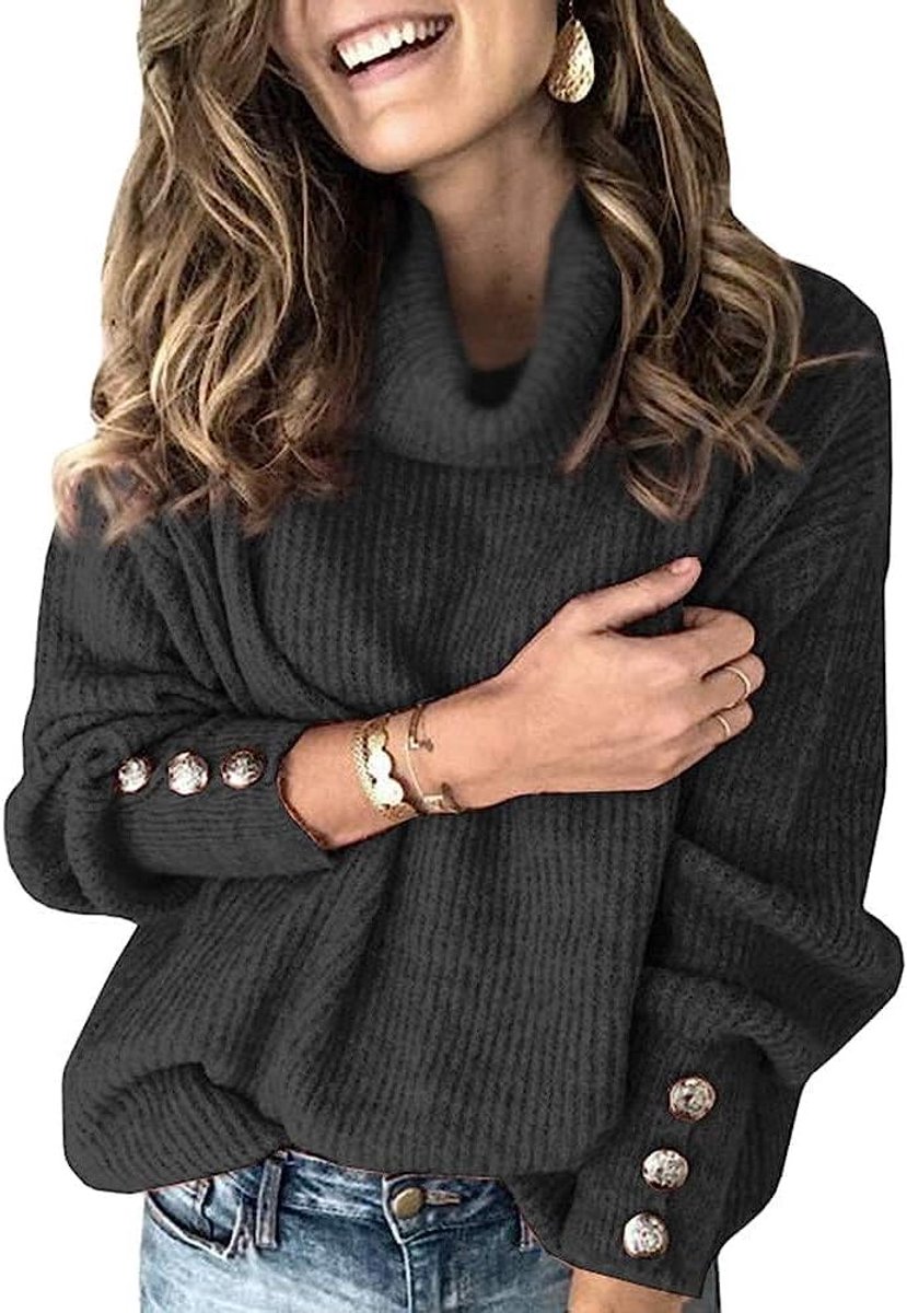 Dames rolkraag pullover winter lange mouwen losse gebreide trui casual warm gebreid met metalen knopen