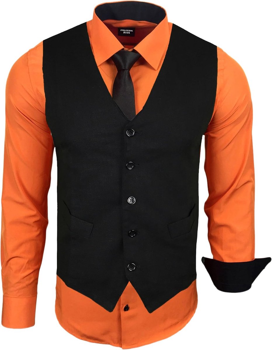 Mode - Vest + overhemd + stropdas voor heren, tweekleurige kraag, effen, lange mouwen, slim fit, business, gemakkelijk te strijken RN33