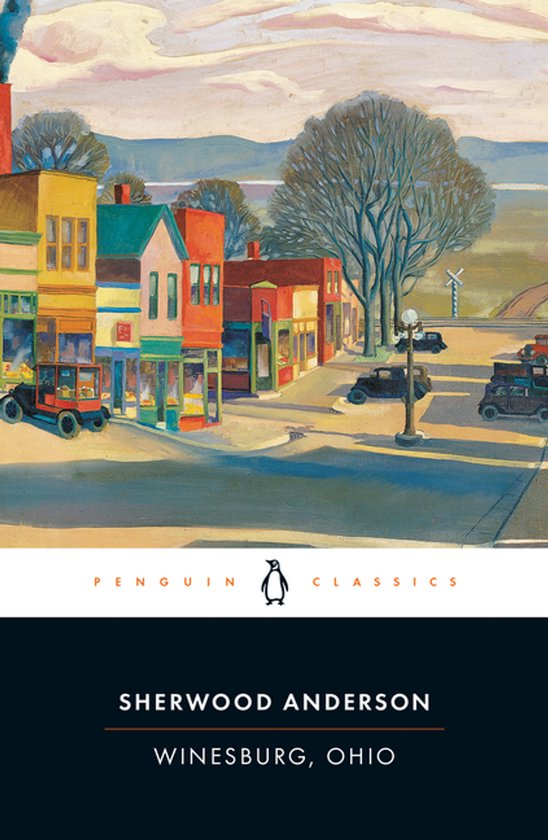 Boekcover van "Winesburg, Ohio" door Sherwood Anderson, met een schilderij van een stadje.