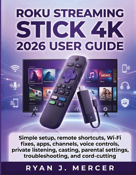 Guide de l'utilisateur Roku Streaming Stick 4K 2026 avec télécommande violette et interface de streaming en arrière-plan.