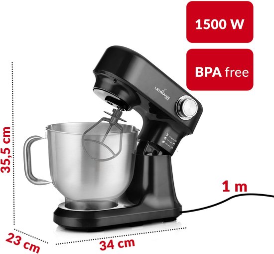 Keukenmachine 1500W - 5L RVS Mengkom - 12 Snelheden - Met Garde, Deeghaak en Menghaak - Zwart — afbeelding 3