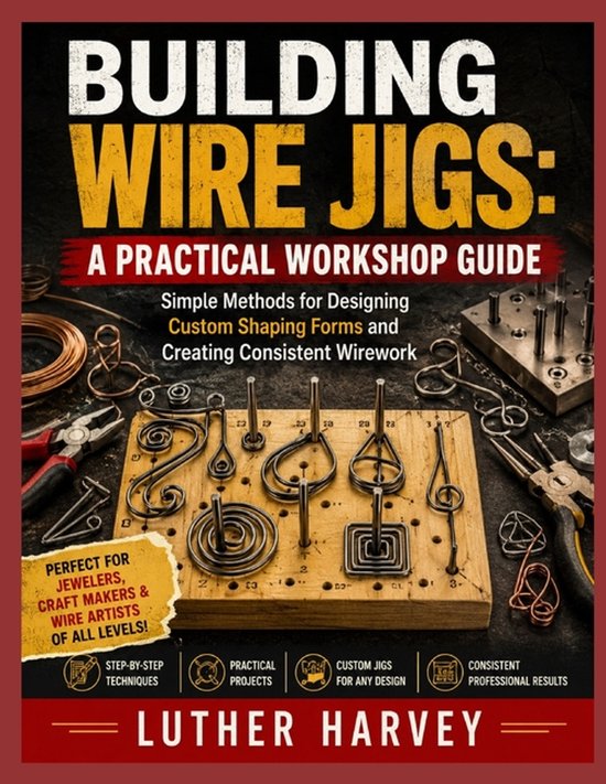 Boekomslag 'Building Wire Jigs' met gereedschap en metalen vormen op een houten ondergrond door Luther Harvey.