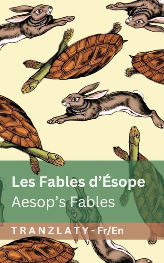 Patroon van hazen en schildpadden met de titel 'Les Fables d'Ésope / Aesop's Fables' op een zachte gele achtergrond.