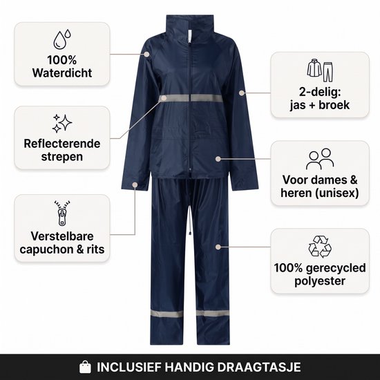 Donkerblauw regenpak (jas en broek) voor dames en heren met reflecterende strepen, verstelbare capuchon, waterdicht en van gerecycled polyester. Met draagtas.