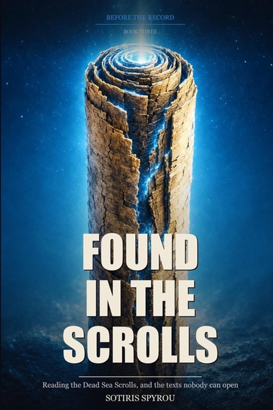 Boekomslag voor 'Found in the Scrolls', boek drie. Een opgerolde perkamentrol met scheuren, verlicht door blauw licht.