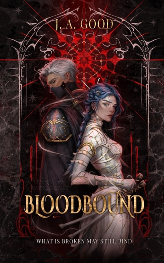 Boekomslag van 'Bloodbound' met een man en vrouw, een rode en zwarte achtergrond met gouden tekst.