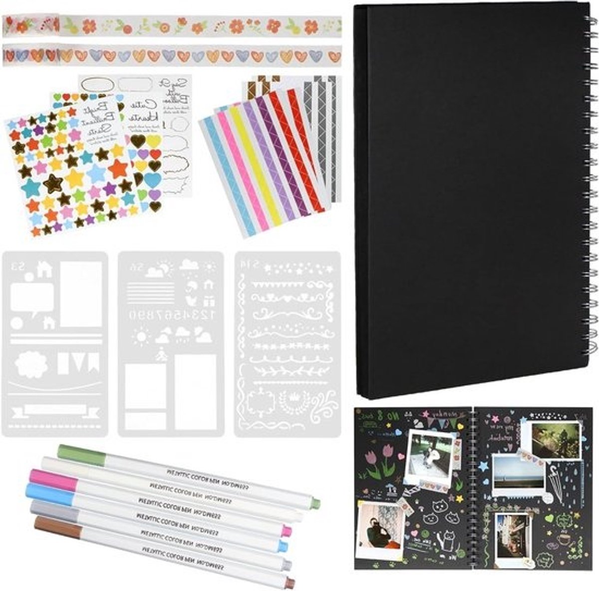Fotoalbum 29x21cm voor Zelfontwerp en Plakken - 100 Zwarte Pagina's - DIY Scrapbook met Stiften, Sjablonen en Fotohoeken