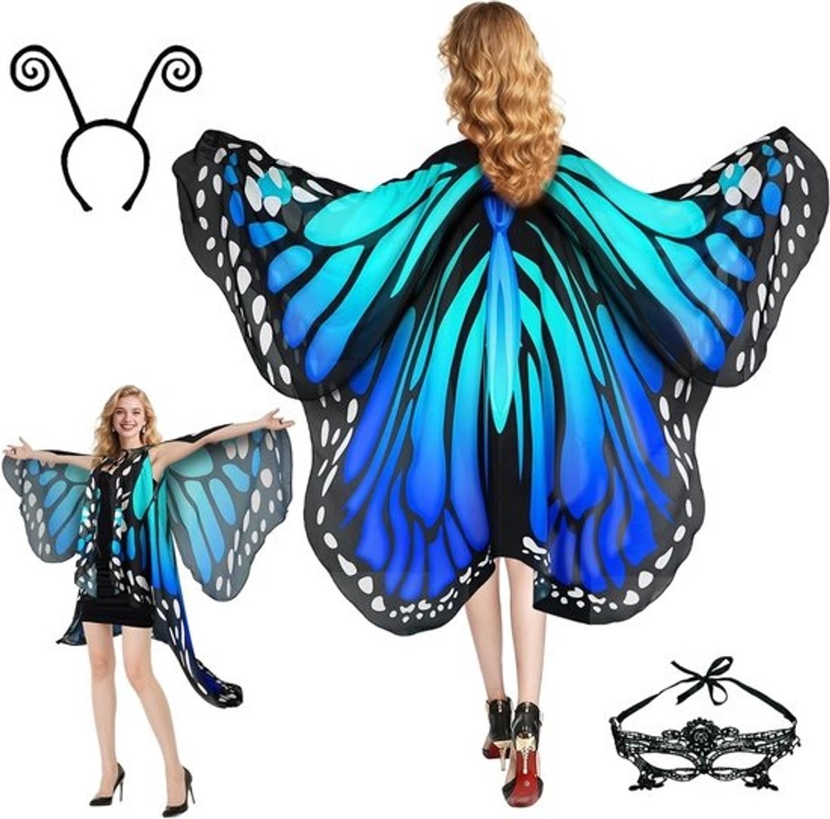 Vlinderkostuum voor vrouwen - Met vleugels en gezichtsmasker - Voor carnaval - 3-delige fantasie-outfit - Met cape en accessoires - Voor feestjes