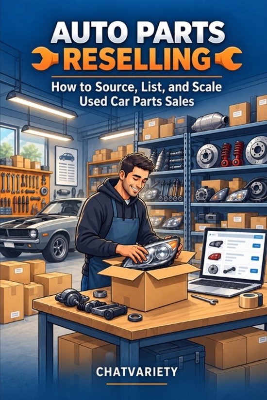 Couverture de livre : Homme déballant un phare auto dans un garage rempli de pièces, avec le titre 'Auto Parts Reselling'.