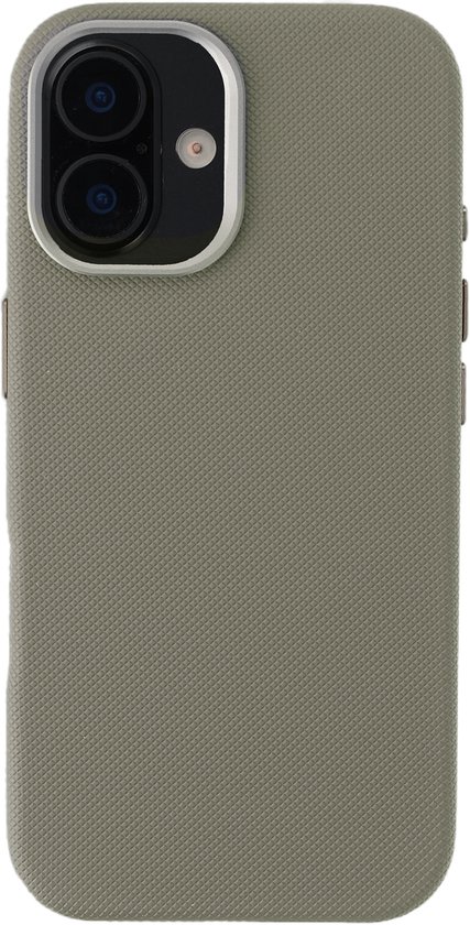 Olijfgroen telefoonhoesje met textuur en een zilveren rand rond de dubbele cameralens.