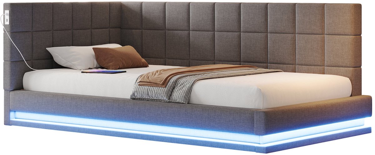 Merax Slaapbank 90x200 - Gestoffeerd Bed met Houten Lattenbodem - LED Verlichting met Afstandsbediening - USB Aansluiting - Linnen - Grijs