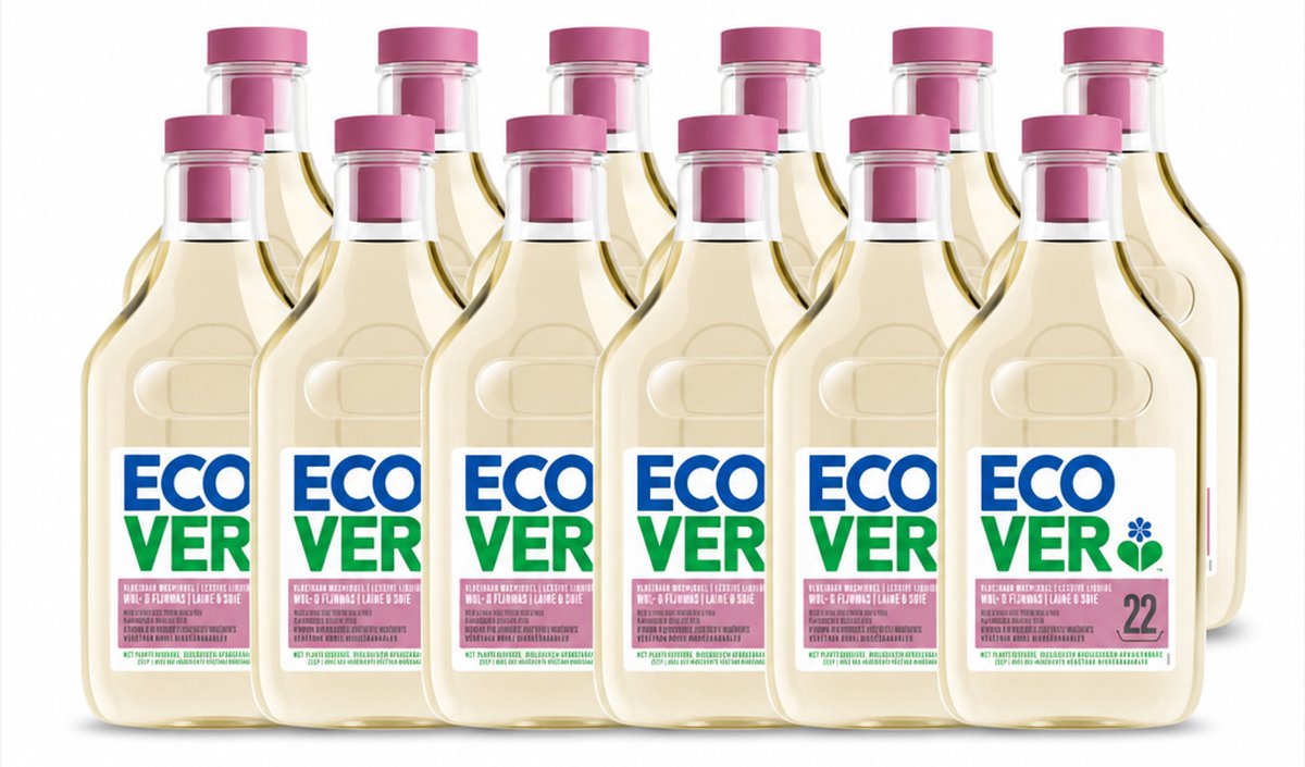 12 x Ecover - Vloeibaar wasmiddel - Wol & Fijnwas - 1 liter - 22 wasbeurten - Voordeelverpakking - 12 stuks