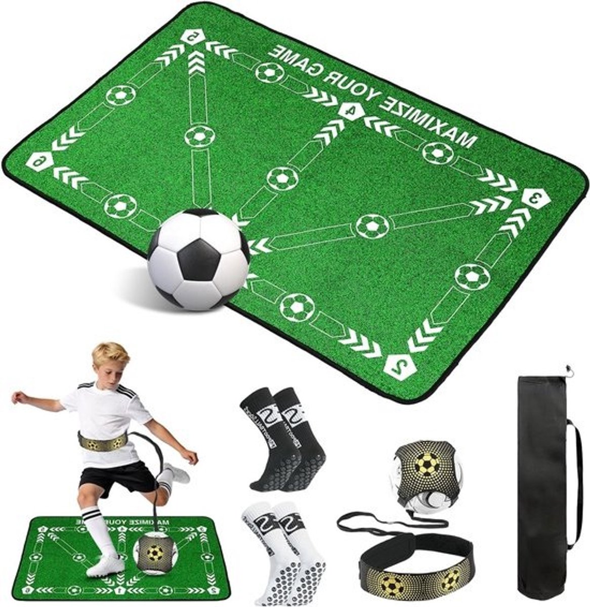 Voetbal Trainingsmat 90 x 60 cm, Antislip, Inclusief Voetbalsokken en Juggling Band, Perfect Cadeau voor Voetballiefhebbers en Kinderen