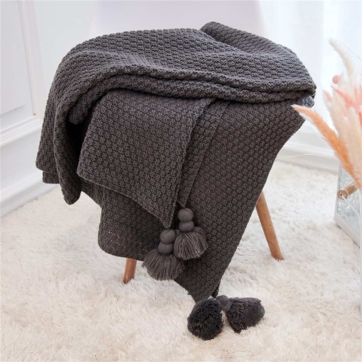 Gebreide Deken for Sofa Shawl Macrame Tassel Pompom Gebreide bedsprei-deken Zachte deken (Color : Dark gray, Size : 80x100cm)