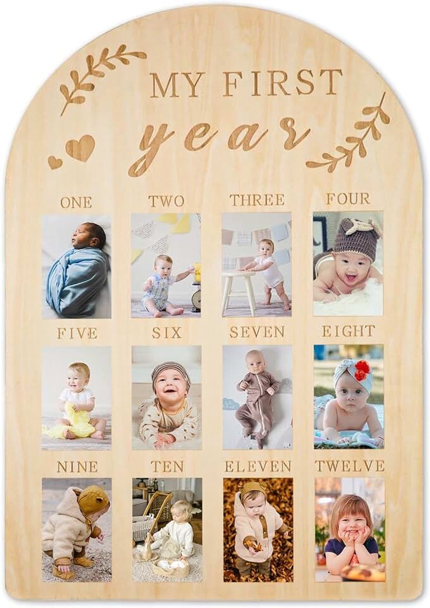 My First Year Babymijlpaalbord Houten Fotodisplay Gepersonaliseerd 12 Maanden Pasgeboren Fotolijst voor Jongensmeisje Babyverjaardag Kinderkamerdecoraties