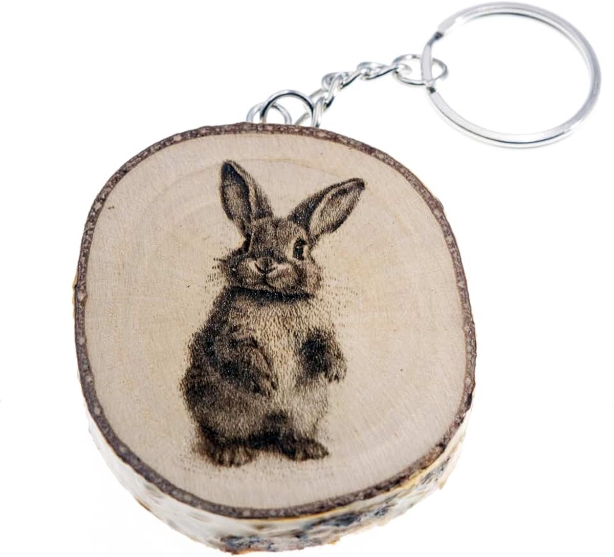 Sleutelhanger van natuurlijk hout met boerderij konijn