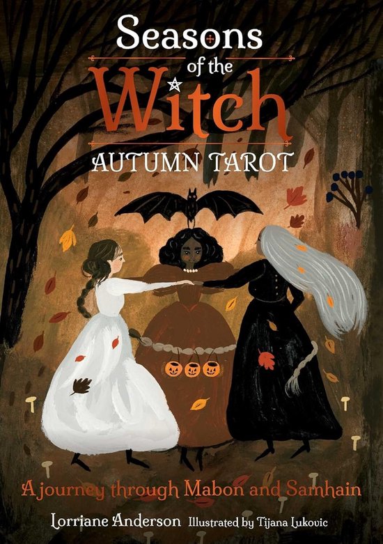 Illustration de livre : Trois femmes en cercle, feuilles d'automne, avec le titre 'Seasons of the Witch Autumn Tarot'.