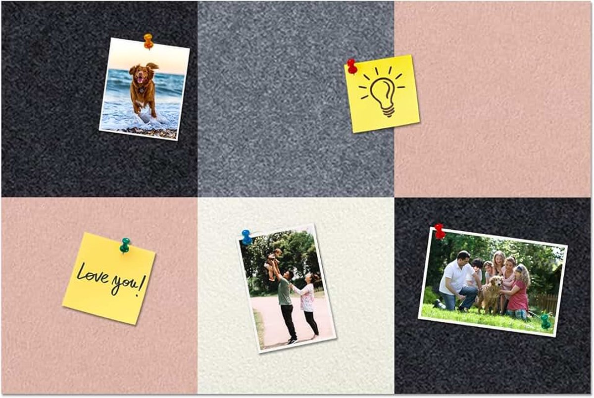 Vilt Prikbordtegels, Zelfklevende DIY Vilt Prikbord voor Muur met 35 Duimspijkers voor Kantoor School Thuis Muurdecoratie Stickers Memo's Foto's Display(Camel & Grijs)