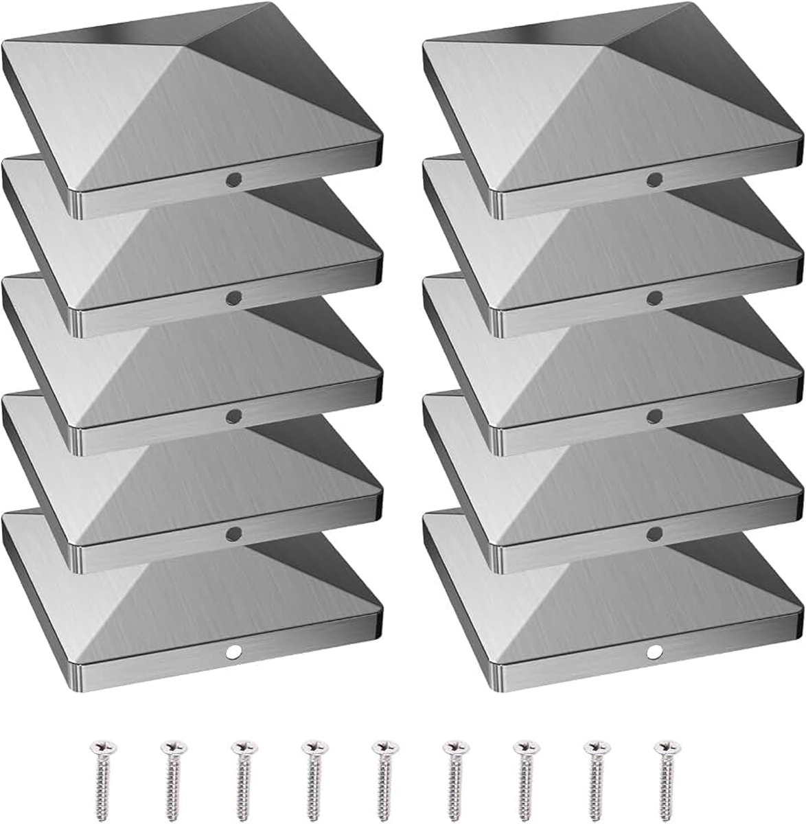 10x10 cm, 10 stuks roestvrij staal 304 paalafdekking, paalkap voor hekpalen en houten palen, piramidevorm, incl. roestvrijstalen schroeven (10x10 cm)