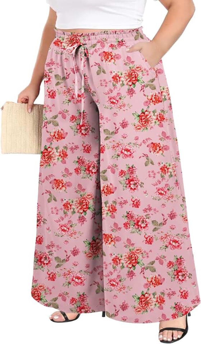 Wood Broek Dames Lange Zomer Wijde Pijpen Stoffen Palazzo Broek Hoge Taille Boho Damesbroek met Ruches en Zakken Grote Maten