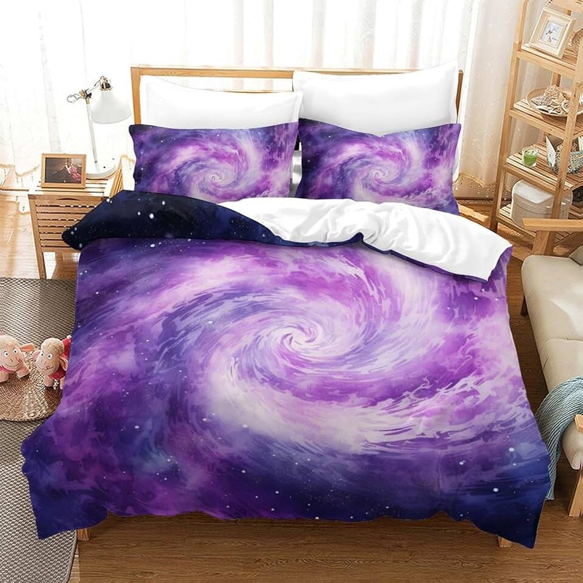 Galaxy dekbedovertrek, kinder- en volwassenen, 3D-beddengoed, zachte microvezel, 3-delig, met kussensloop en ritssluiting, tweepersoons (200 x 200 cm)