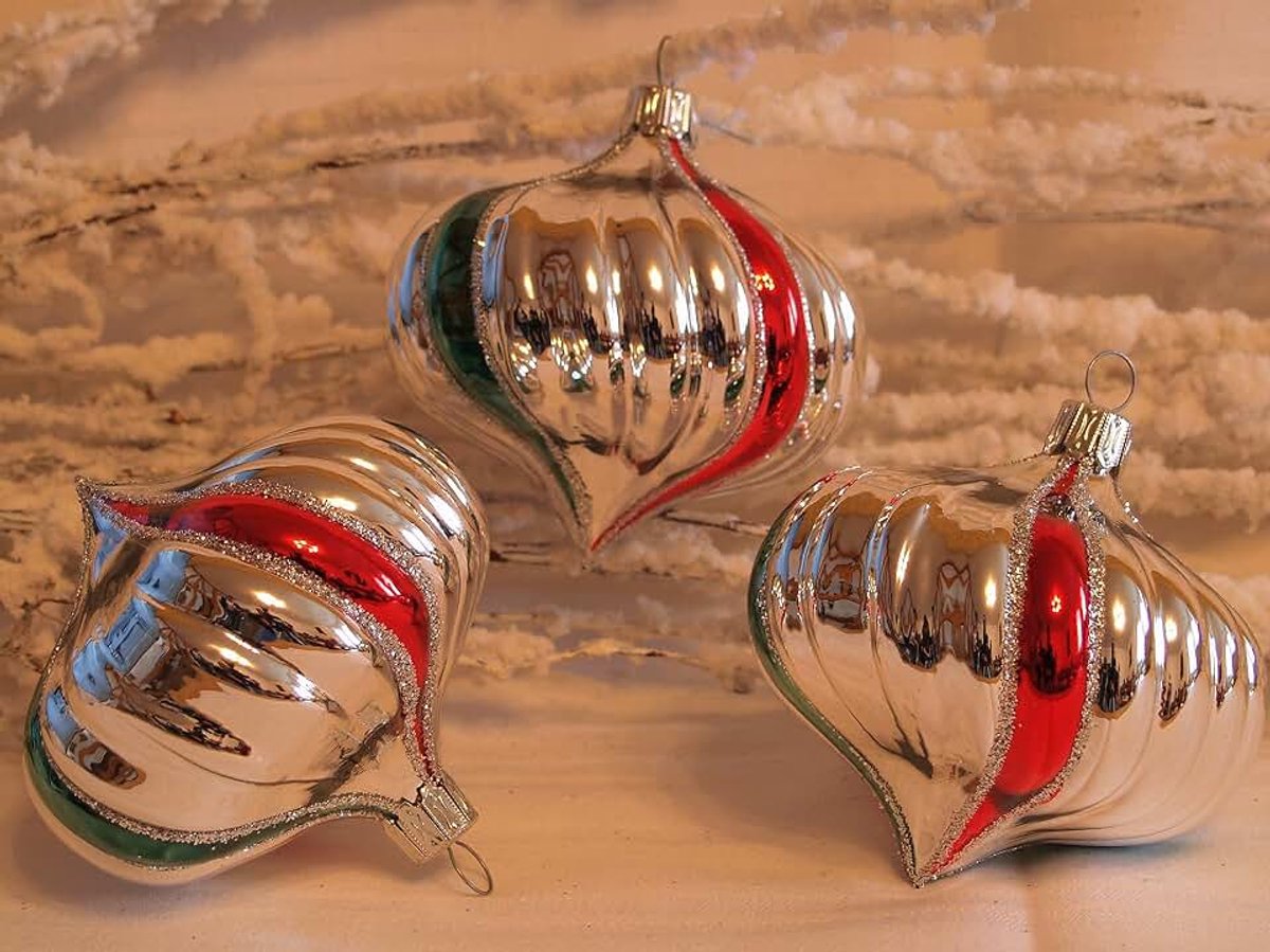 Uienvorm Zilver/Bont 8 cm 3-voudig, Kerst Decoratie Kerstballen