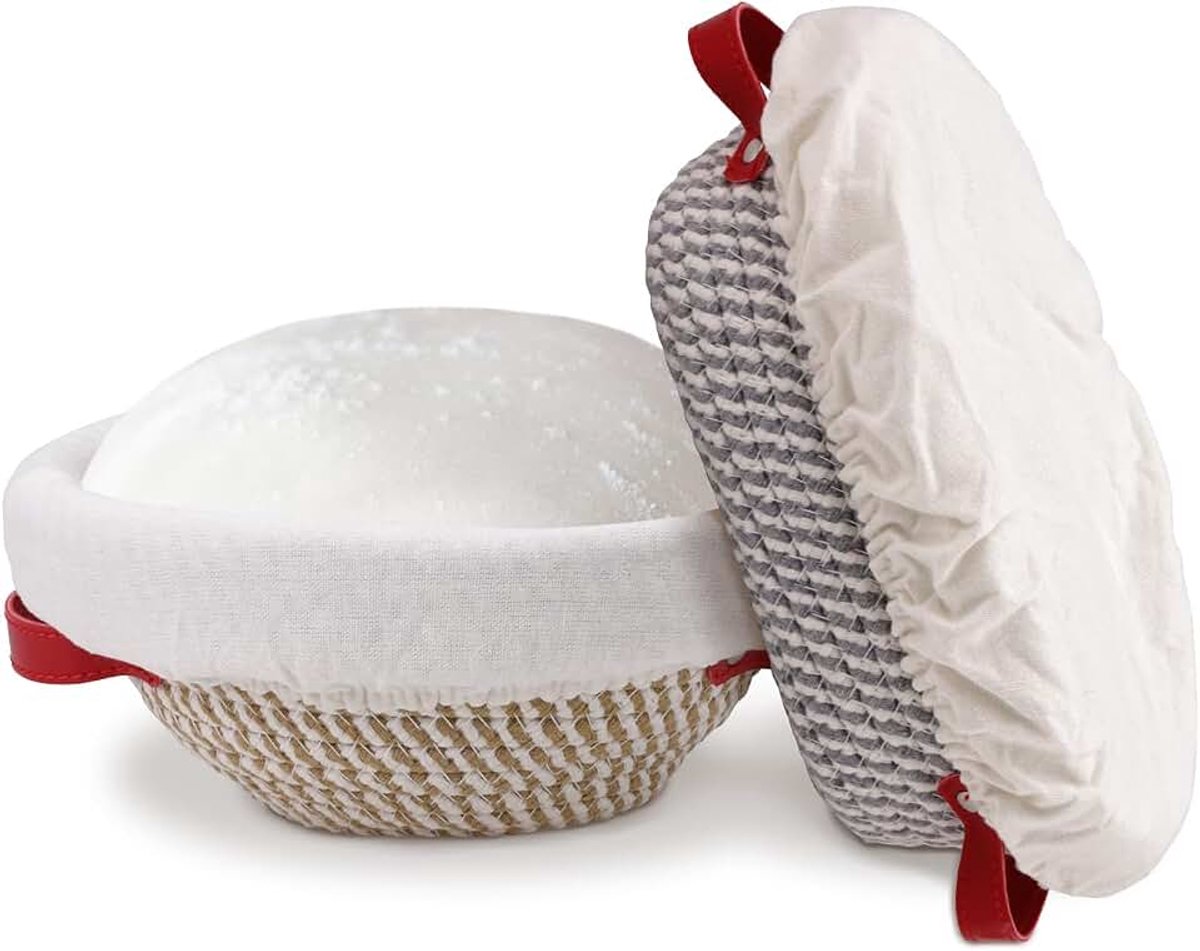 Brood Proofing Basket Set van 2, 9" Ronde Zuurdesem Proofing Mand en 10" Ovale Brood Kom met Liner & Cover, Brood Bakken Benodigdheden voor Baker Professionele Thuis Starter Maken (zoals