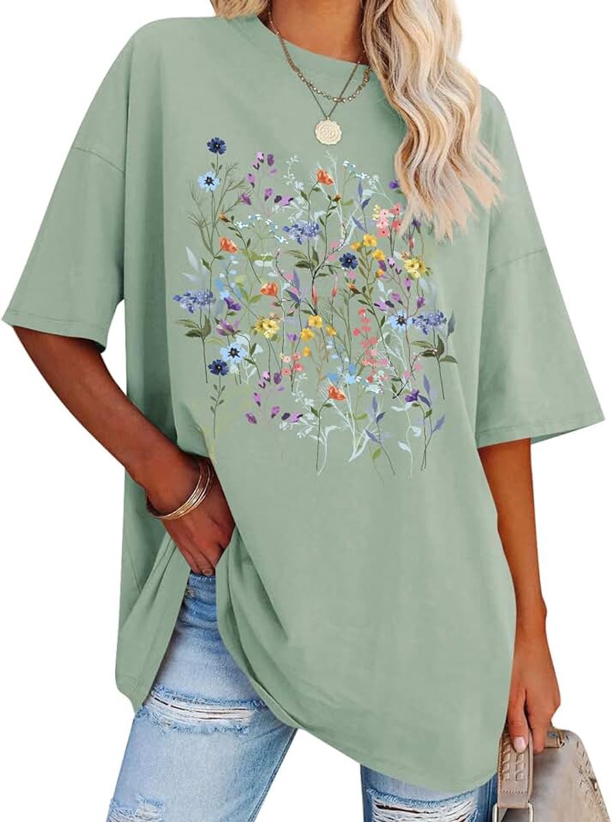 Dames oversized vintage bloemenprint oversized T-shirt tops | Botanische korte mouwen ronde hals longshirt zomer tops tee shirts voor tuinliefhebbers