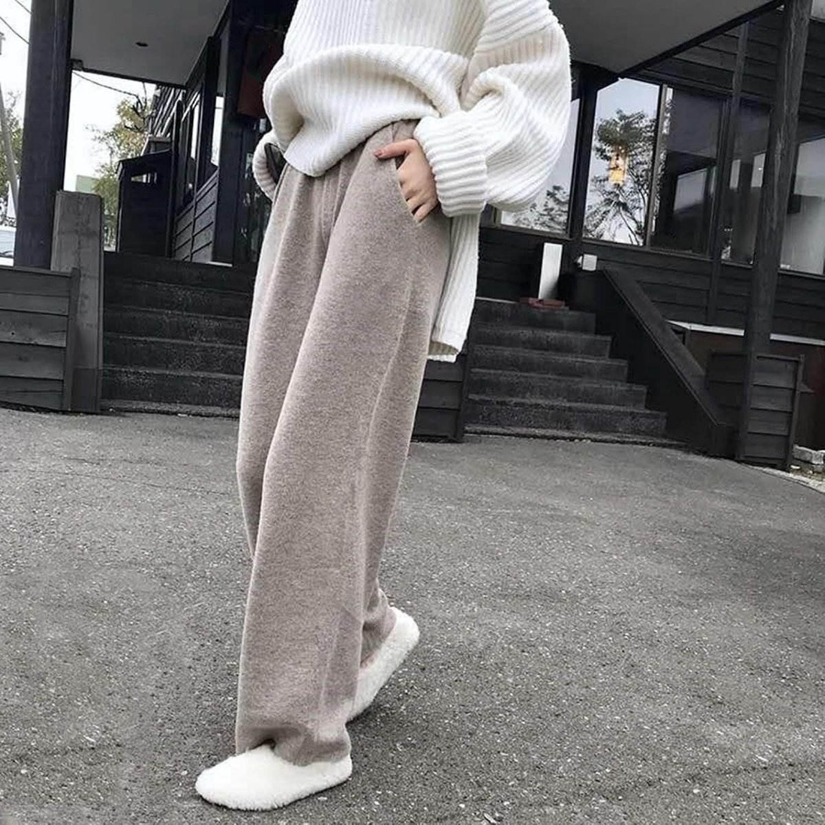 Gebreide Wijde Pijpen Broek - Herfst Winter Dames Dikke Gebreide Broek Mode Stretch Warm Abrikoos Retro Hoge Taille Losse Wijde Pijpen Broek Dames Streetwear Elegant Kerst Nieuwjaar Cadeau,Ab
