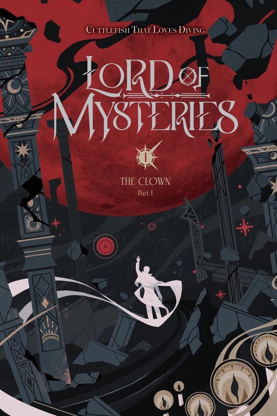Boekomslag met de titel 'Lord of Mysteries', deel 1 'The Clown'. Donkerrood en grijs met een mystieke sfeer.