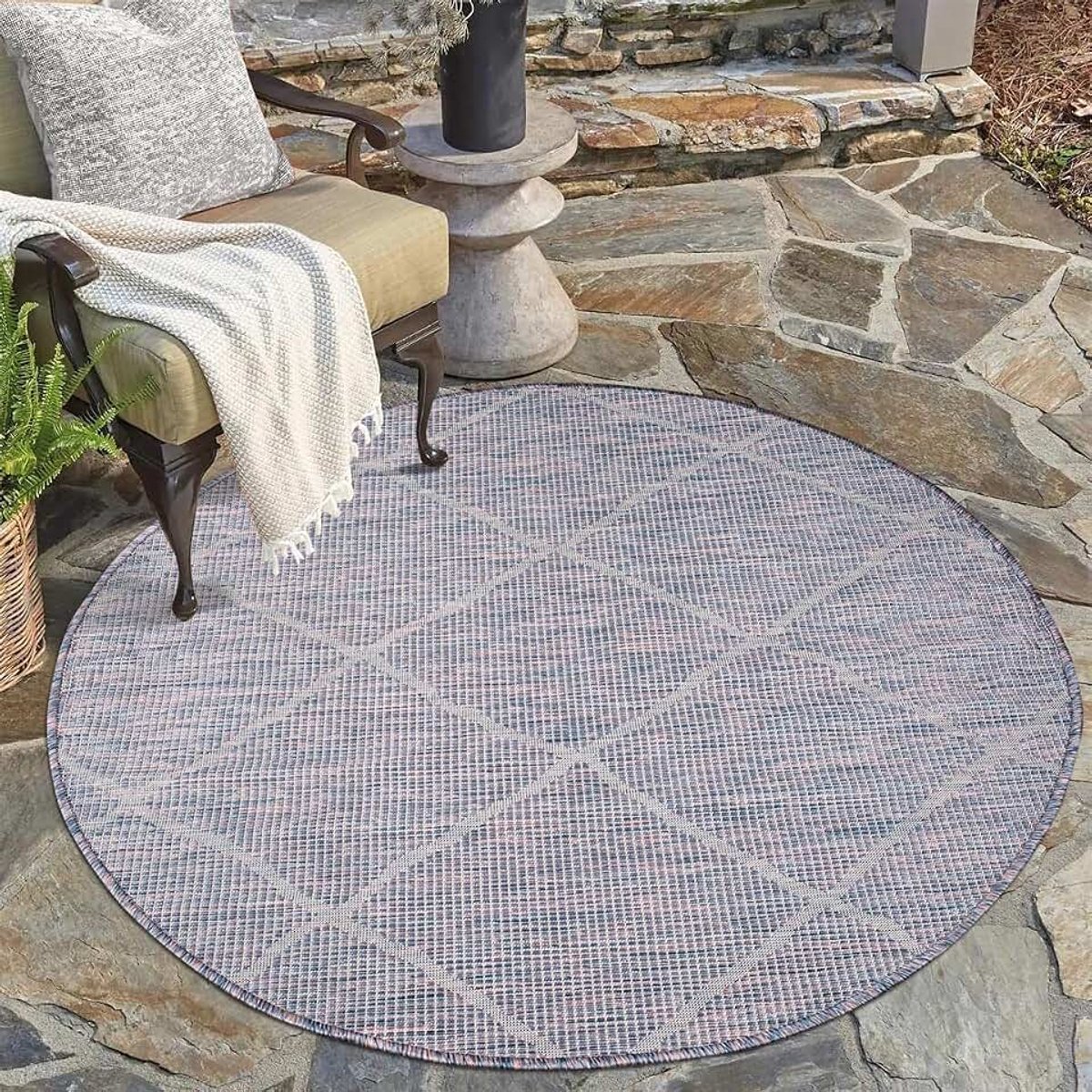 Carpet city Outdoor tapijt, terras, weerbestendig, 120 x 120 cm, rond, balkontapijt, blauw-roze, ruitpatroon, voor binnen en buiten, voor veranda, tuin, keuken, badkamer of woonkamer