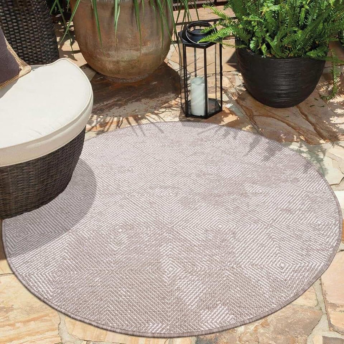 Carpet city Indoor en outdoor tapijt, beige, omkeerbaar tapijt, 120 cm rond, ruitpatroon, weerbestendig voor balkon, terras, moderne tapijten voor binnen, woonkamer, keuken