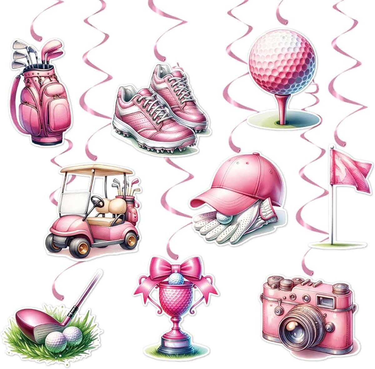 Hangende wervels, plafonddecoratie, hangende werveldecoraties, roze voor golfthema, verjaardag, feest, benodigdheden, 9 stuks