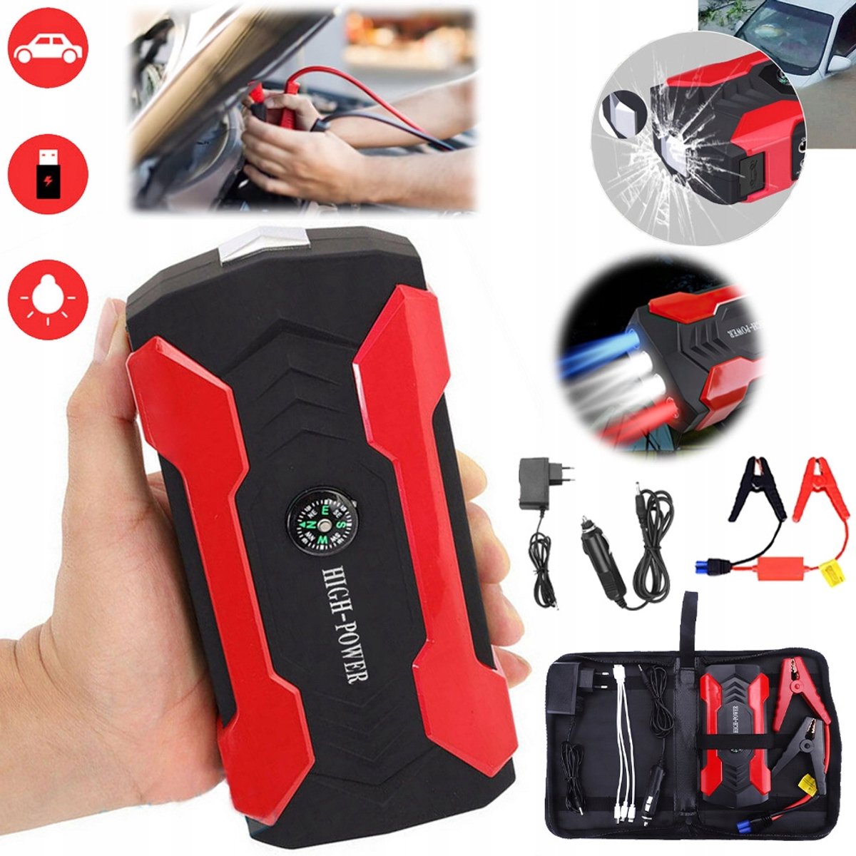 Draagbare Startbooster Jumpstarter 28000mAh Powerbank met LCD Display & LED Zaklamp - 12V Auto Starthulp voor Benzine tot 6.0L & Diesel tot 2.0L - 400A Startstroom / 800A Piek - Met Noodhamer 3-in-1 USB & Bescherming