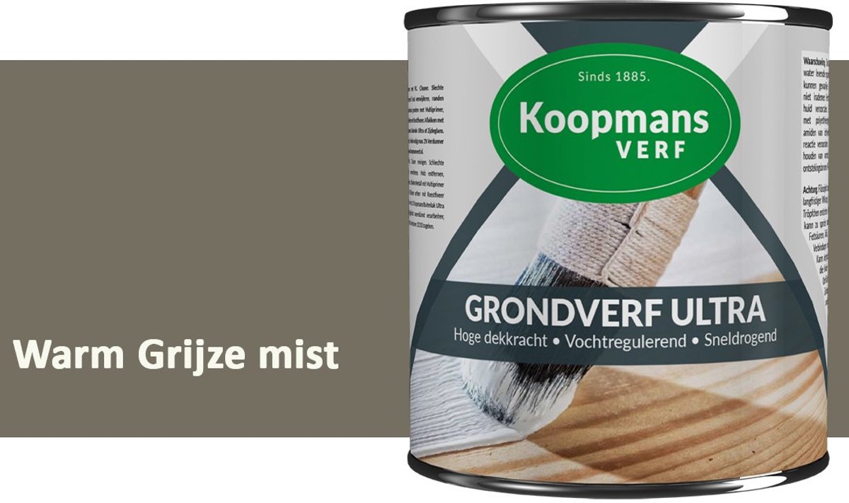 Koopmans Grondverf Ultra – Grondverf Hout & Metaal Binnen en Buiten – Vochtregulerende Primer – Hoge Dekking – Zijdeglans – Warm Grijze mist – 375 ml